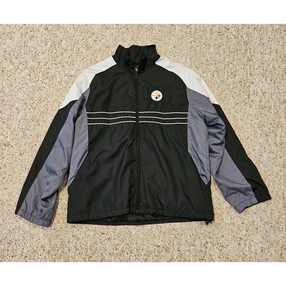 Reebok Pittsburgh Steelers NFL Windbreaker Jacket Mens Large Black Full Zip Logo